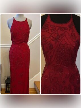 Vintage Blushe Impressions Red Beaded Maxi Gown Open Back Crossover Dress Size 6